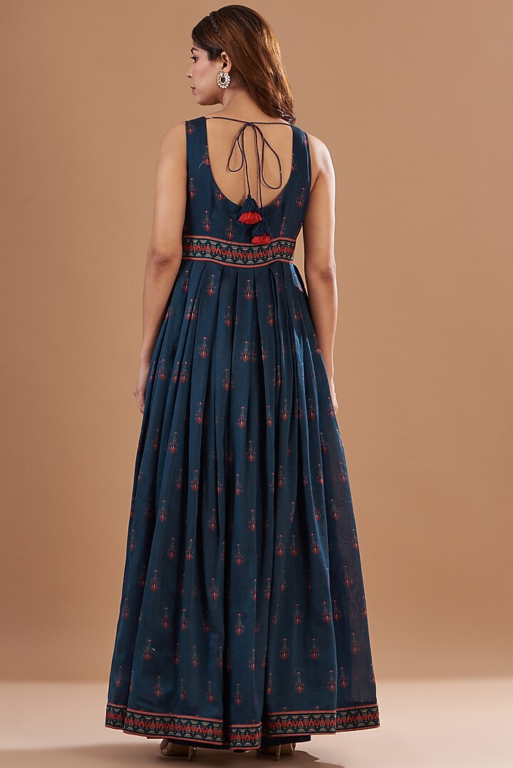 Blue Viscose Chanderi Printed & Embroidered Gathered Cocktail Dress With Scarf by Aharin India at Pernia's Pop Up Shop