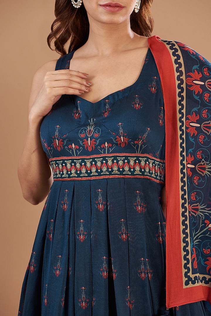Blue Viscose Chanderi Printed & Embroidered Gathered Cocktail Dress With Scarf by Aharin India at Pernia's Pop Up Shop