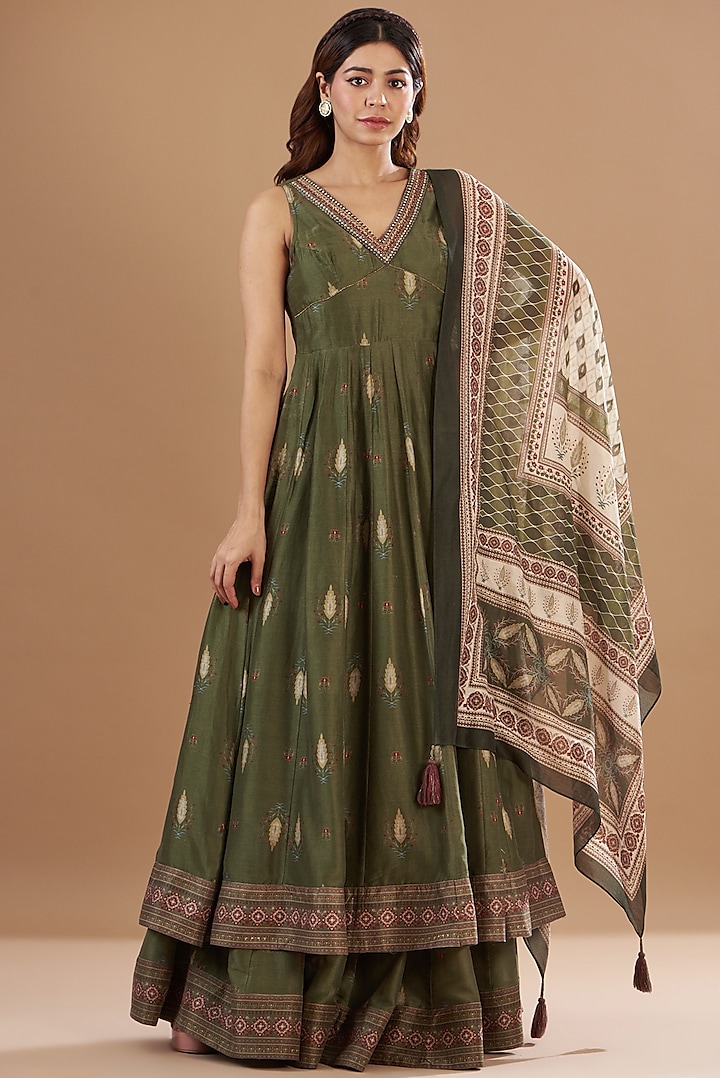 Green Viscose Chanderi Printed & Embroidered Anarkali Set by Aharin India