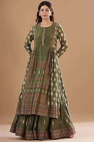 Green Viscose Chanderi Printed & Embroidered Skirt Set by Aharin India