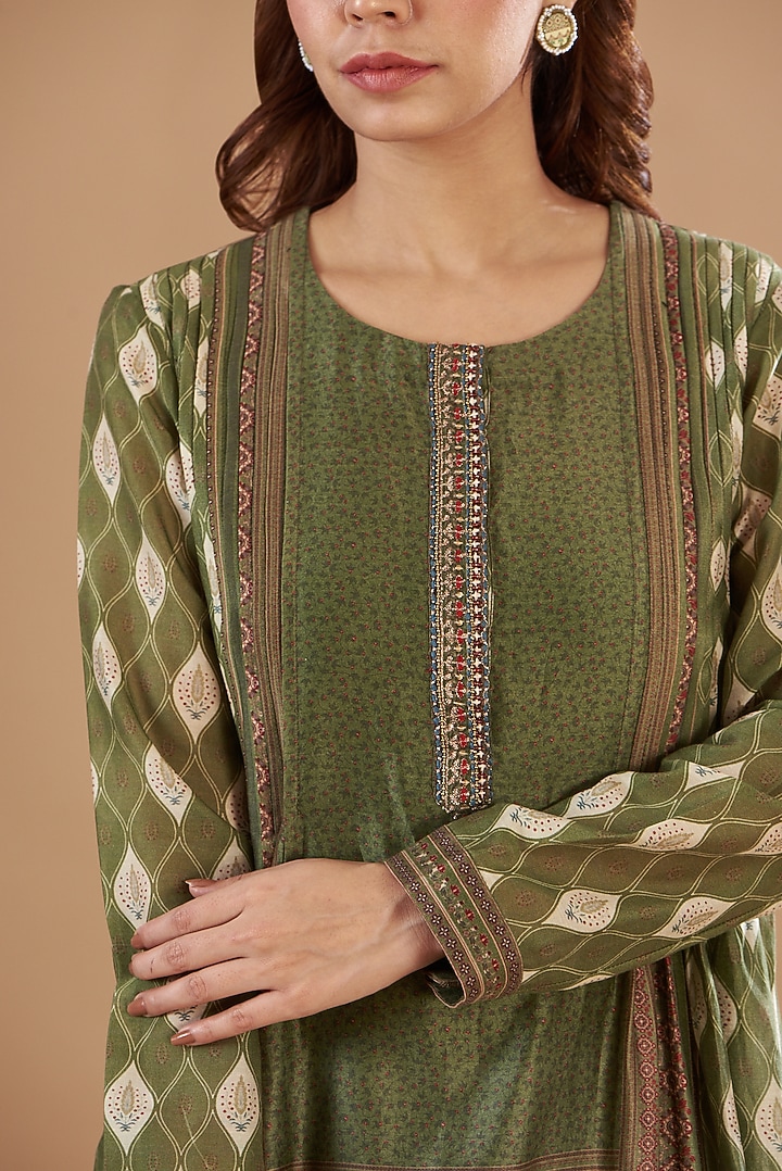 Green Viscose Chanderi Printed & Embroidered Skirt Set by Aharin India at Pernia's Pop Up Shop