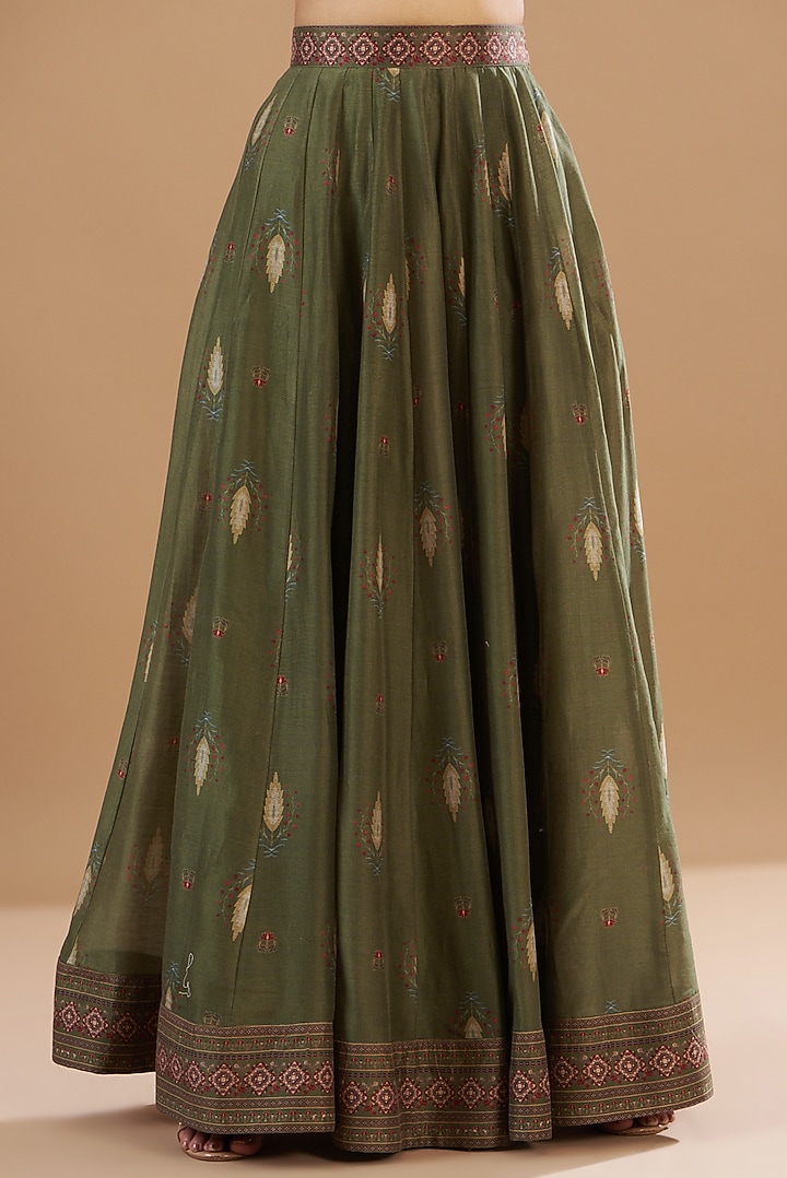Green Viscose Chanderi Printed & Embroidered Skirt Set by Aharin India at Pernia's Pop Up Shop