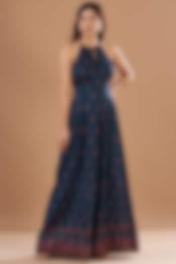Blue Viscose Chanderi Printed Jumpsuit by Aharin India at Pernia's Pop Up Shop