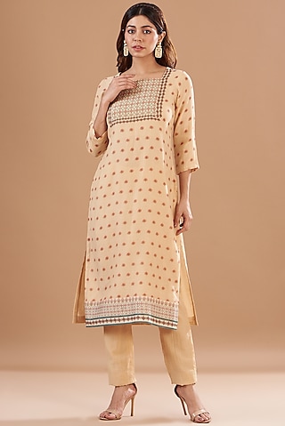 Beige Chanderi Digital Printed Kurta Set by Aharin India