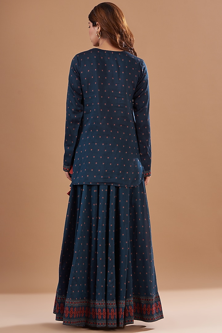 Blue Viscose Chanderi Printed Skirt Set by Aharin India at Pernia's Pop Up Shop
