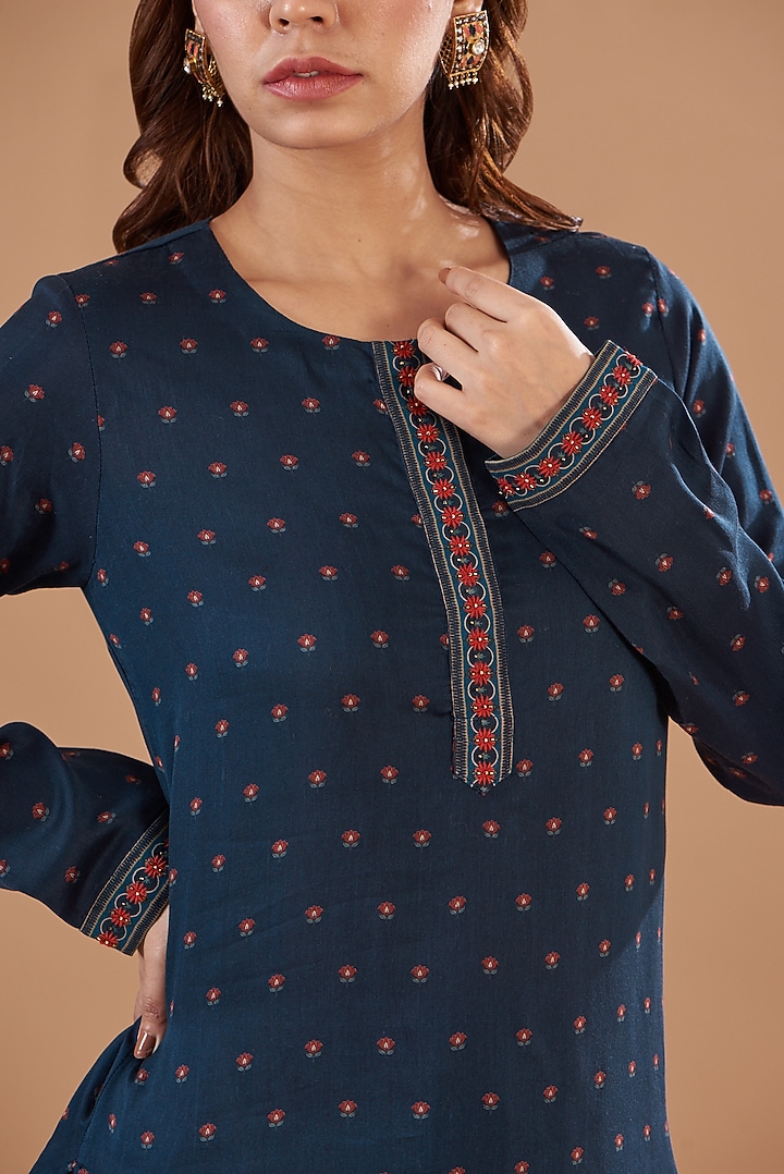 Blue Viscose Chanderi Printed Skirt Set by Aharin India at Pernia's Pop Up Shop