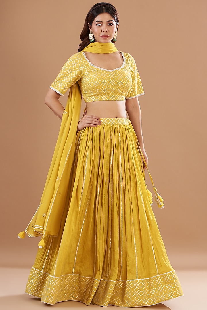 Yellow Chanderi Embroidered Lehenga Set by Aharin India