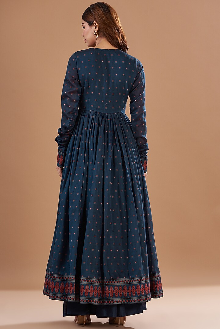 Blue Viscose Chanderi Printed Wedding Anarkali Set by Aharin India at Pernia's Pop Up Shop
