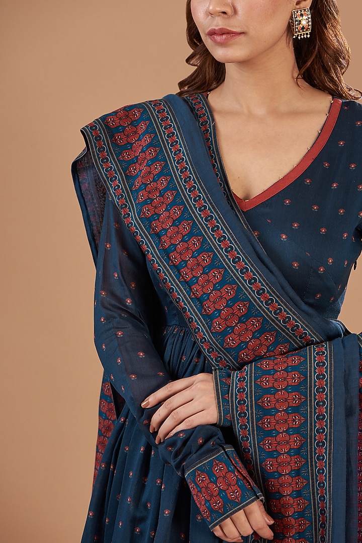 Blue Viscose Chanderi Printed Wedding Anarkali Set by Aharin India at Pernia's Pop Up Shop