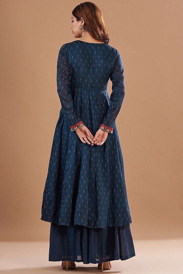 Blue Viscose Chanderi Printed Wedding Anarkali Set by Aharin India at Pernia's Pop Up Shop