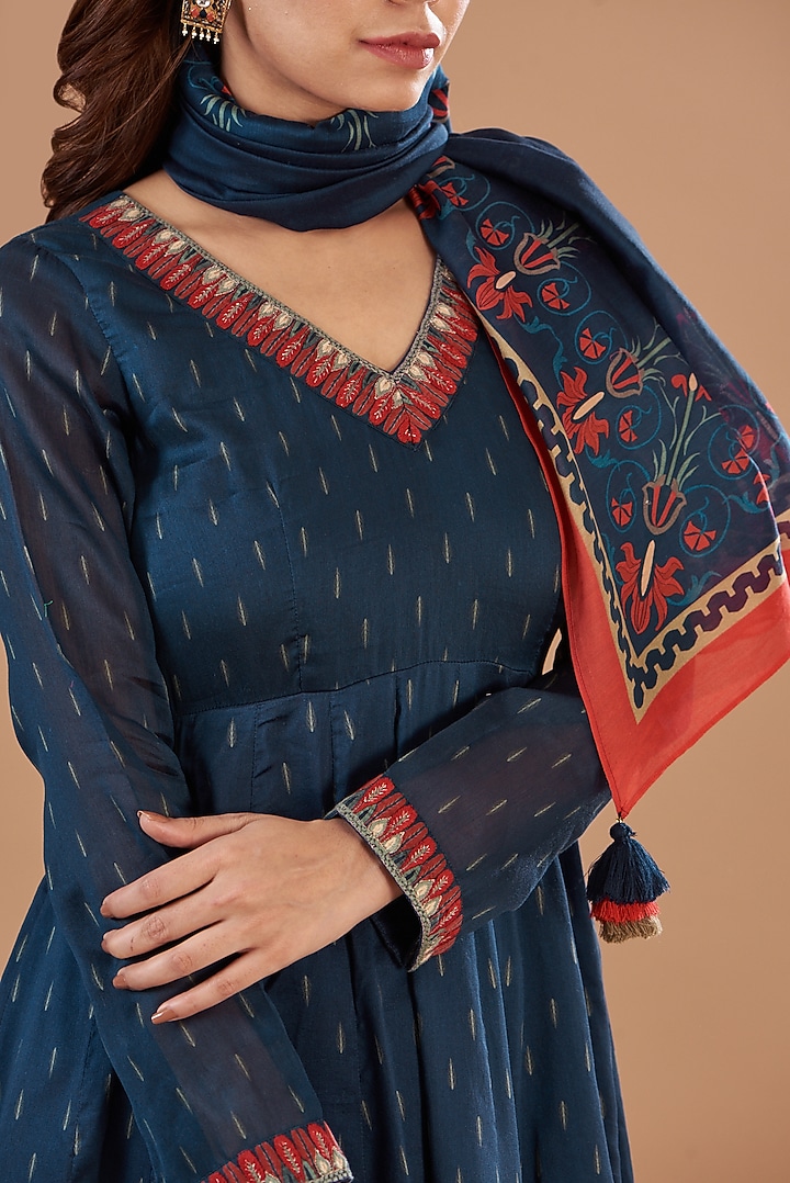Blue Viscose Chanderi Printed Wedding Anarkali Set by Aharin India at Pernia's Pop Up Shop