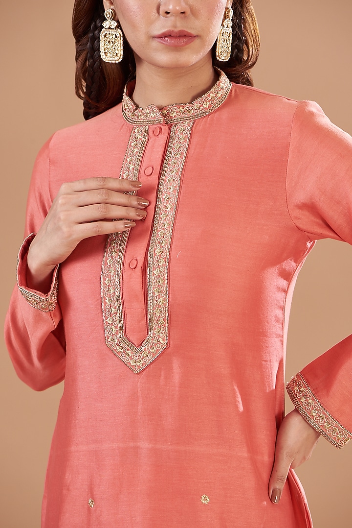 Orange Chanderi Embroidered Kurta Set by Aharin India at Pernia's Pop Up Shop