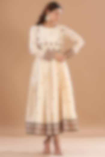 Beige Viscose Chanderi Printed & Embroidered Anarkali by Aharin India at Pernia's Pop Up Shop