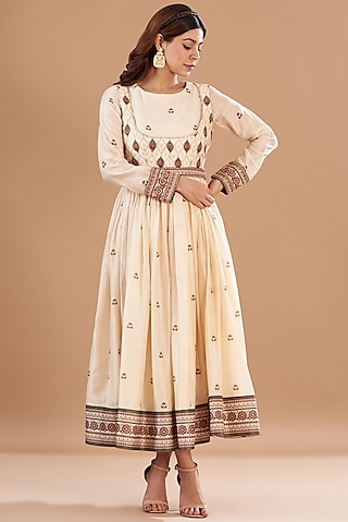 Beige Viscose Chanderi Printed & Embroidered Anarkali by Aharin India