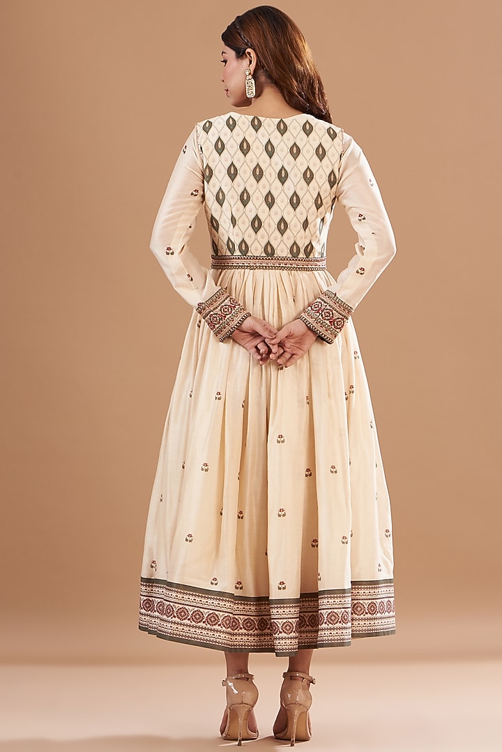 Beige Viscose Chanderi Printed & Embroidered Party Wear Anarkali by Aharin India at Pernia's Pop Up Shop