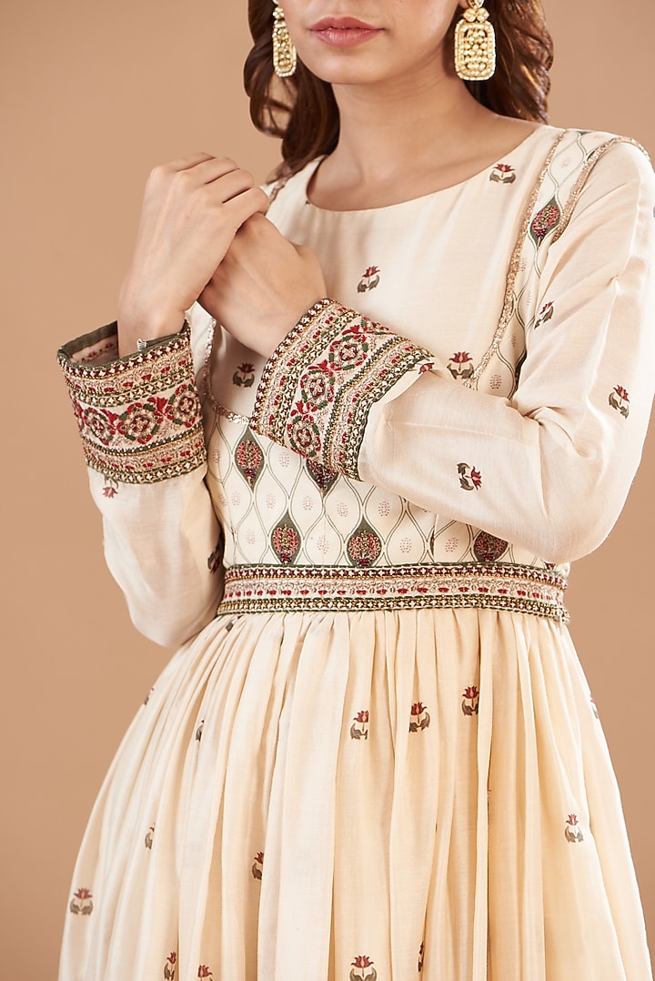 Beige Viscose Chanderi Printed & Embroidered Party Wear Anarkali by Aharin India at Pernia's Pop Up Shop
