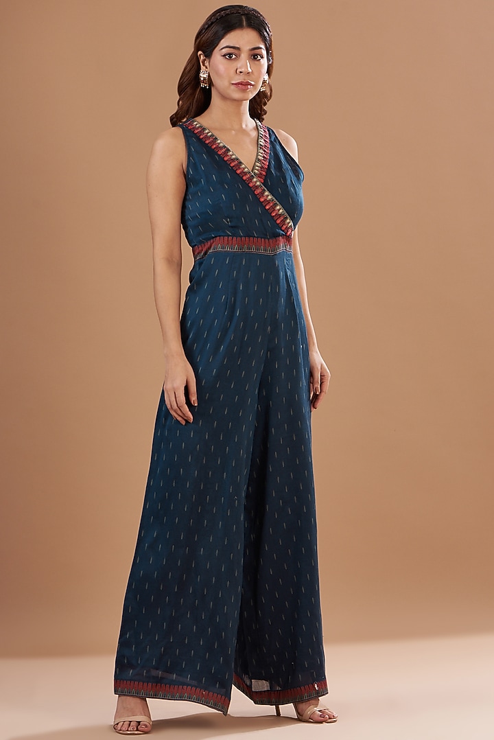 Blue Viscose Chanderi Printed & Embroidered Jumpsuit by Aharin India at Pernia's Pop Up Shop