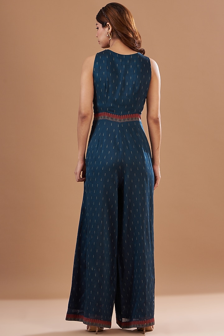 Blue Viscose Chanderi Printed & Embroidered Jumpsuit by Aharin India at Pernia's Pop Up Shop