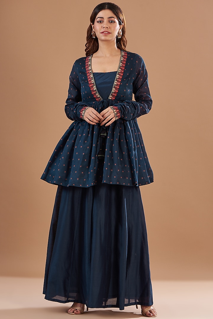 Blue Viscose Chanderi Skirt Set by Aharin India