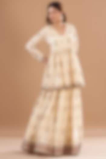 Beige Viscose Silk Printed Skirt Set by Aharin India