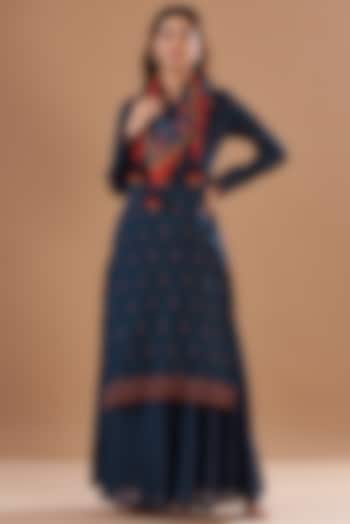 Blue Viscose Silk Skirt Set by Aharin India