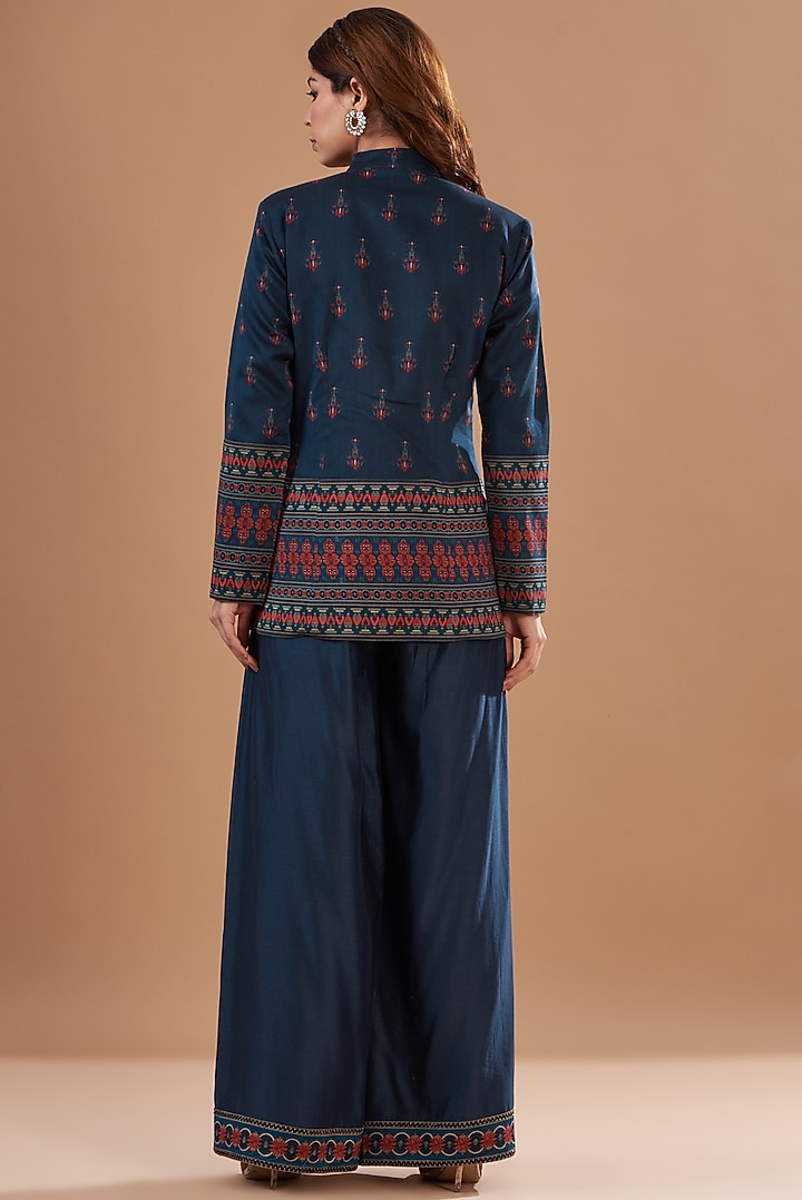 Blue Viscose Chanderi Printed Jacket Set by Aharin India at Pernia's Pop Up Shop
