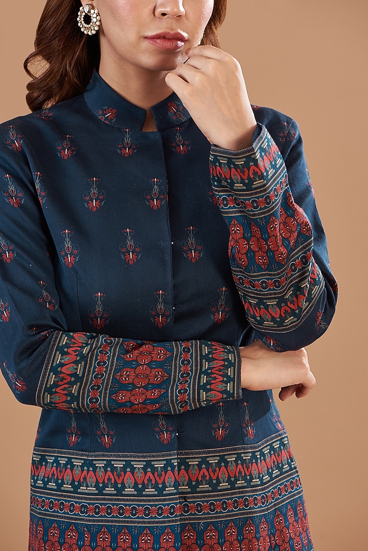 Blue Viscose Chanderi Printed Jacket Set by Aharin India at Pernia's Pop Up Shop
