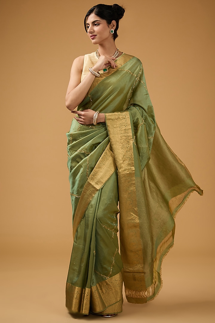 Olive Green Silk Sequins Motif Embroidered Party Wear Saree Set by Aharin India at Pernia's Pop Up Shop