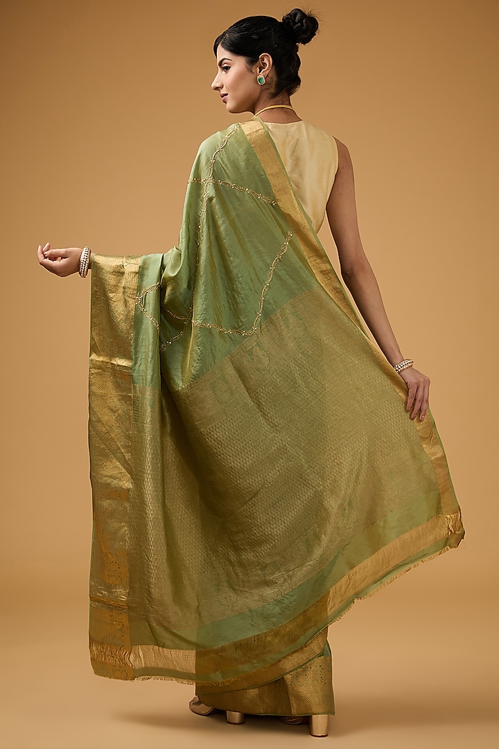 Olive Green Silk Sequins Motif Embroidered Party Wear Saree Set by Aharin India at Pernia's Pop Up Shop