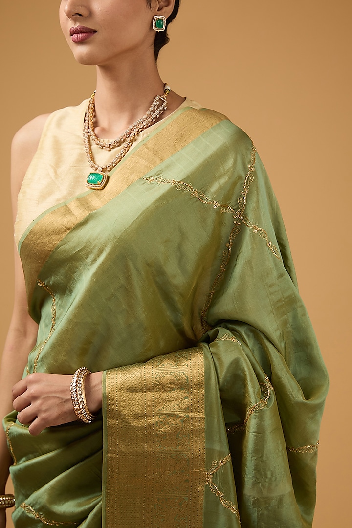 Olive Green Silk Sequins Motif Embroidered Party Wear Saree Set by Aharin India at Pernia's Pop Up Shop