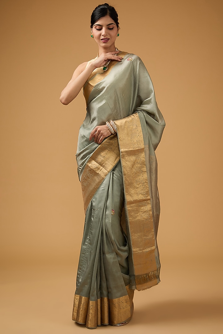 Grey-Pista Green Silk Floral Motif Embroidered Party Wear Saree Set by Aharin India at Pernia's Pop Up Shop