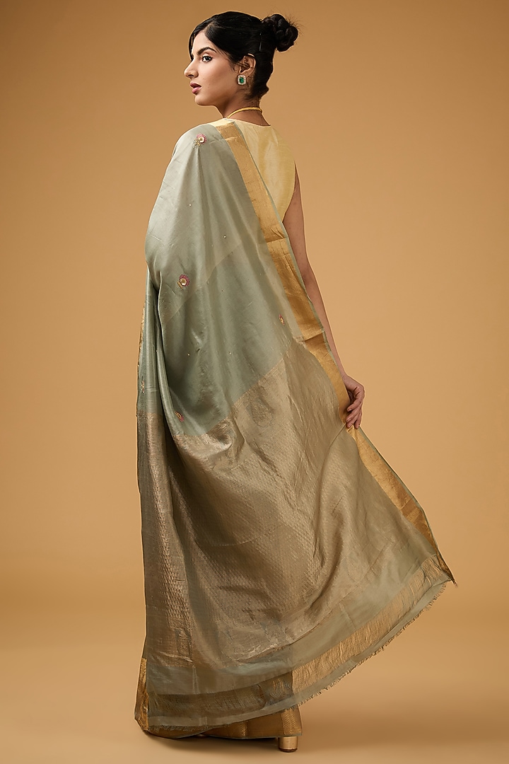 Grey-Pista Green Silk Floral Motif Embroidered Party Wear Saree Set by Aharin India at Pernia's Pop Up Shop
