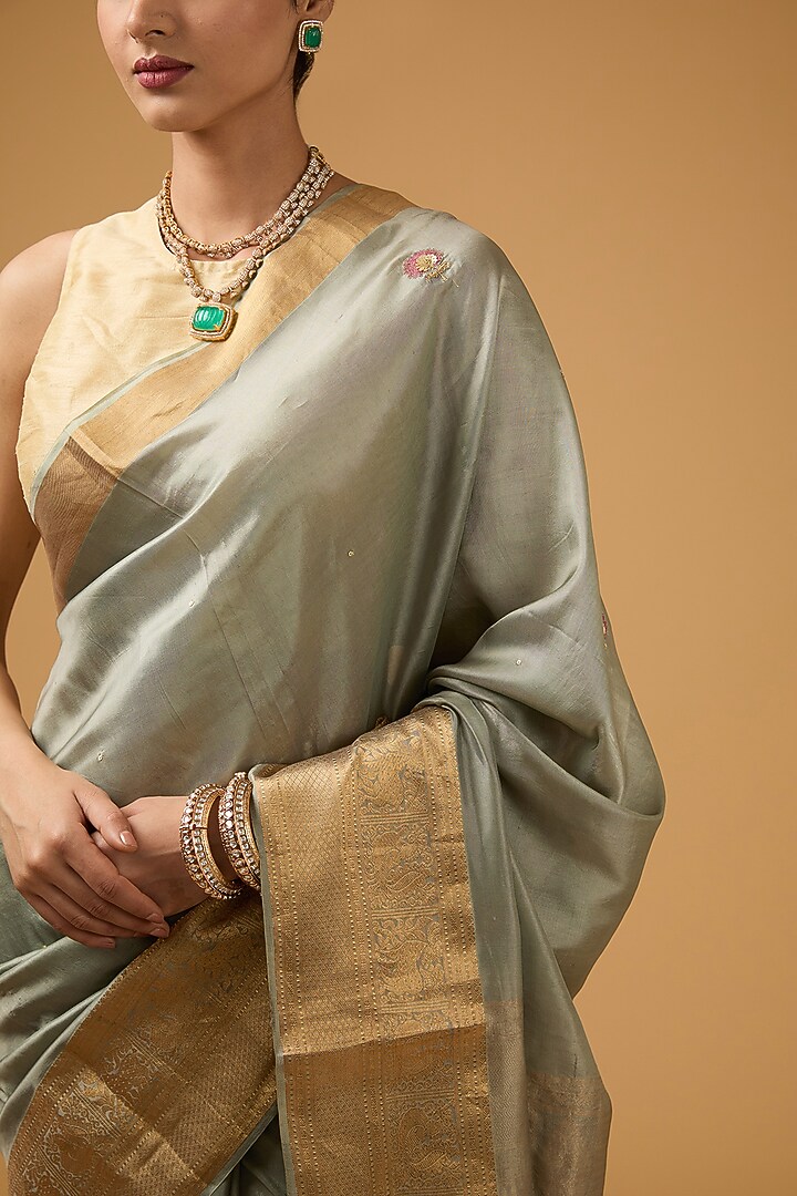 Grey-Pista Green Silk Floral Motif Embroidered Party Wear Saree Set by Aharin India at Pernia's Pop Up Shop