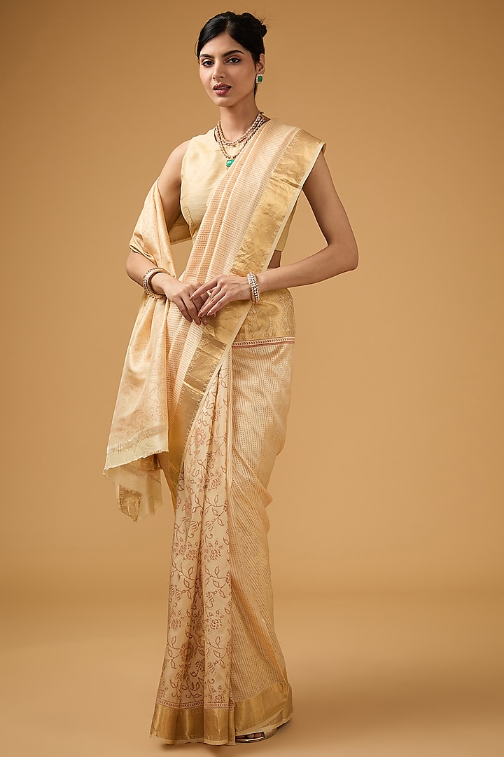 Cream-Beige Silk Block Printed Saree Set by Aharin India