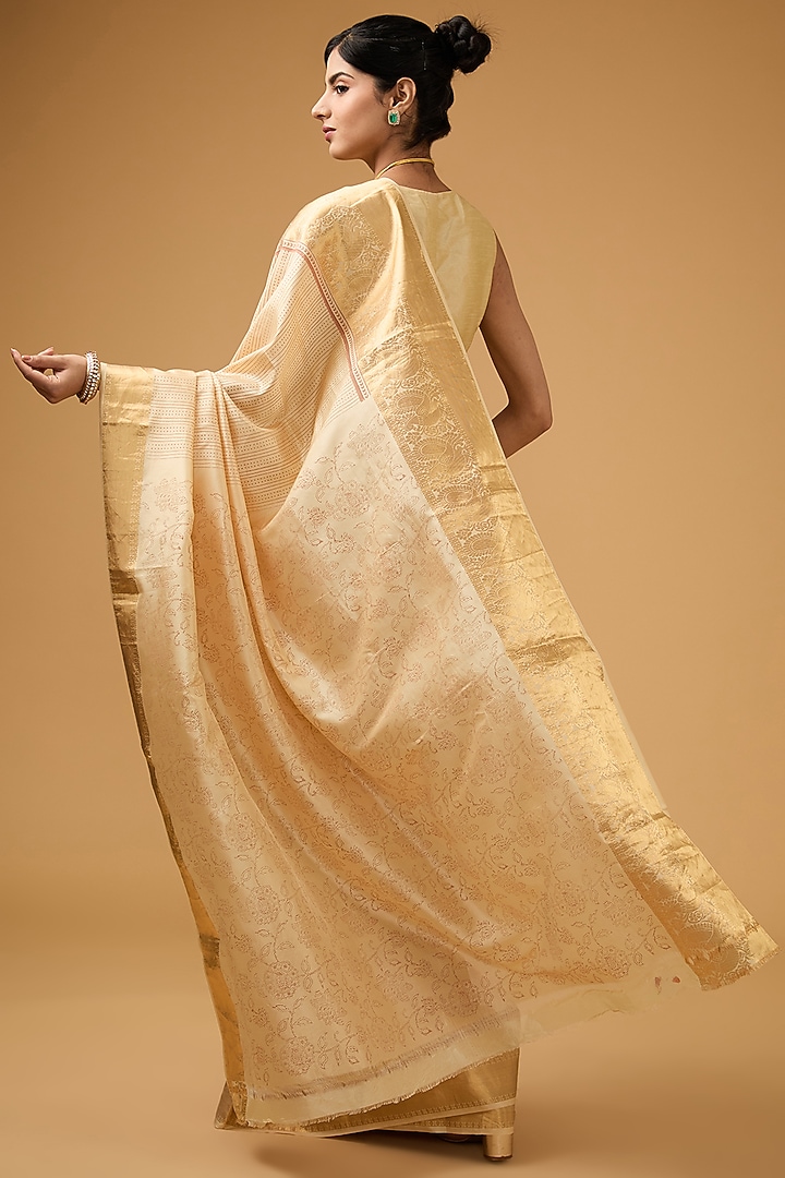 Cream-Beige Silk Block Printed Party Wear Saree Set by Aharin India at Pernia's Pop Up Shop
