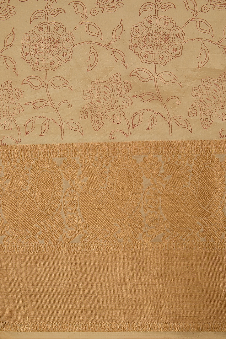 Cream-Beige Silk Block Printed Party Wear Saree Set by Aharin India at Pernia's Pop Up Shop