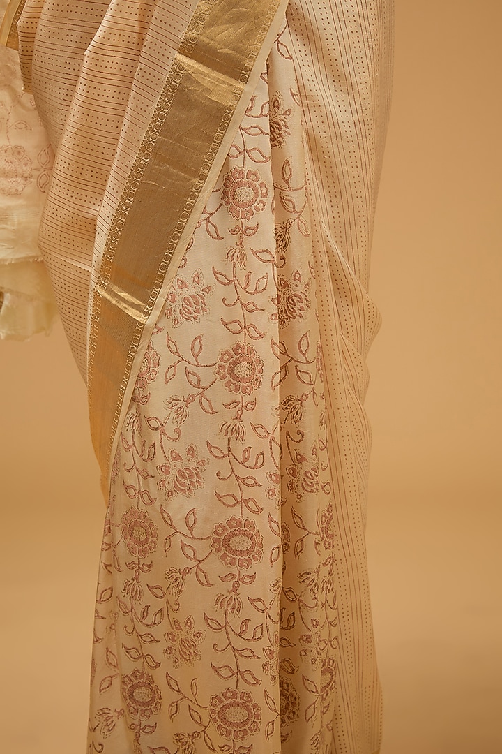 Cream-Beige Silk Block Printed Party Wear Saree Set by Aharin India at Pernia's Pop Up Shop