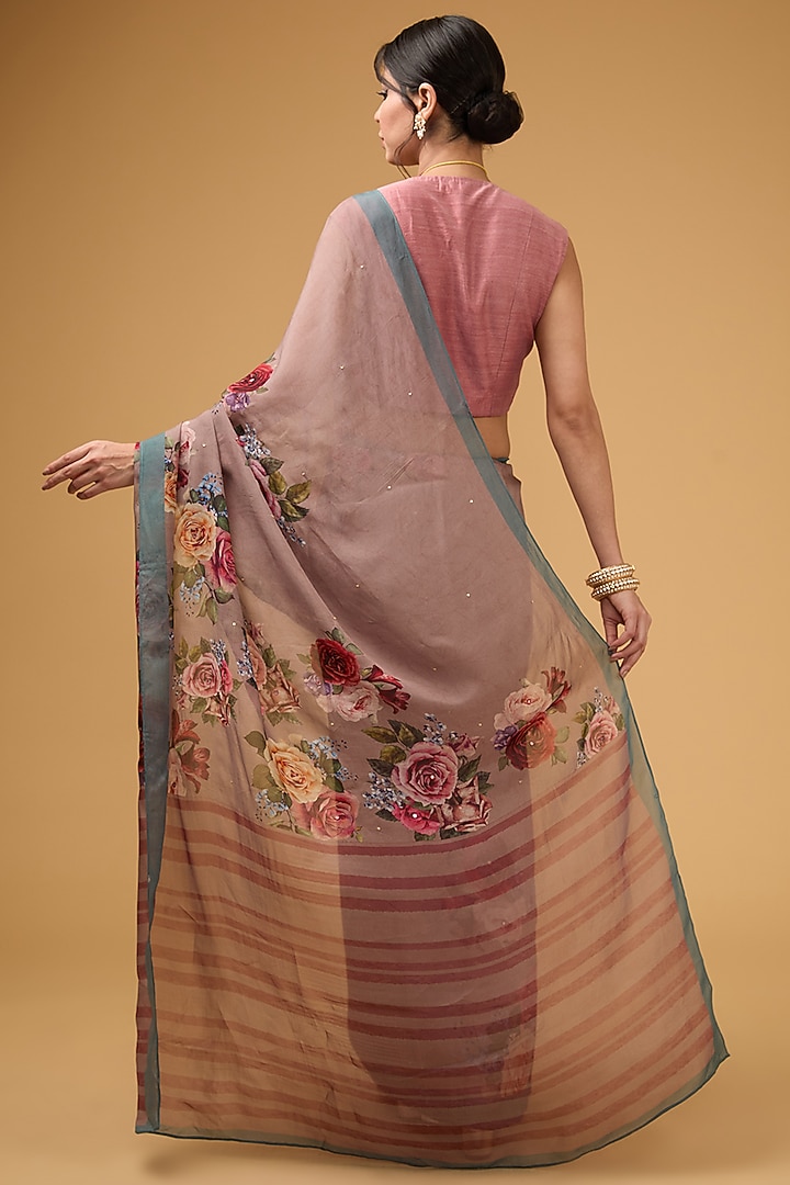 Greyish Peach Viscose Floral Digital Printed Party Wear Saree Set by Aharin India at Pernia's Pop Up Shop
