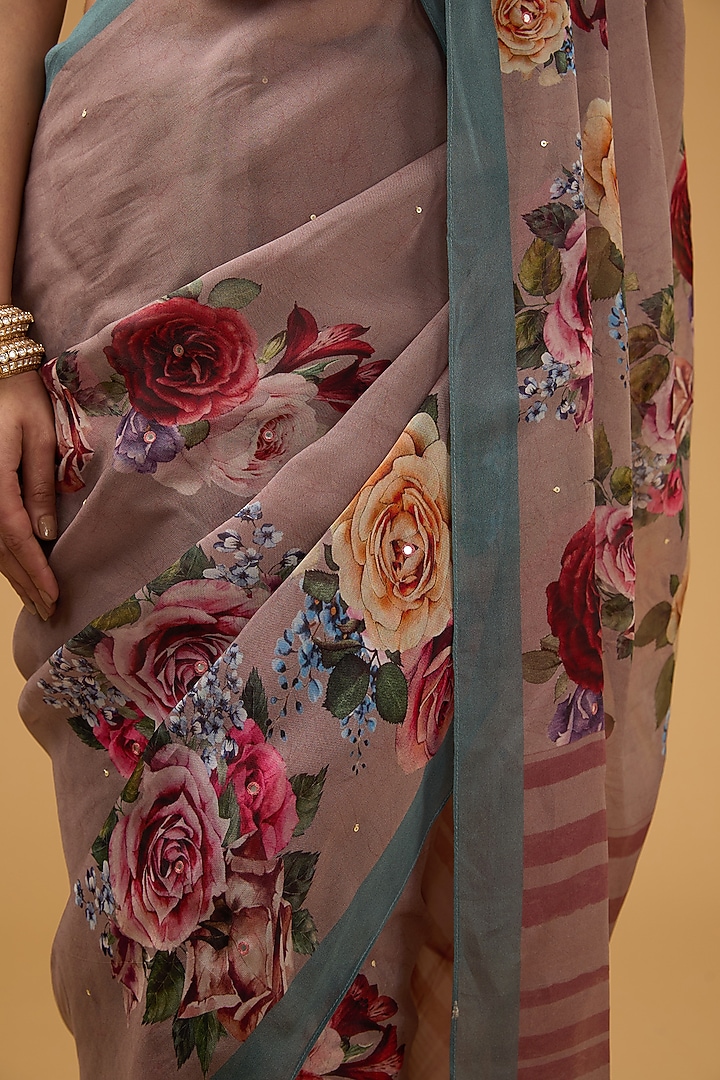 Greyish Peach Viscose Floral Digital Printed Party Wear Saree Set by Aharin India at Pernia's Pop Up Shop