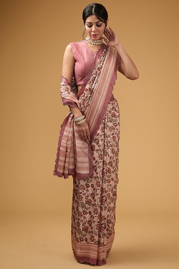 Peachish Pink Viscose Floral Digital Printed Scalloped Saree Set by Aharin India at Pernia's Pop Up Shop