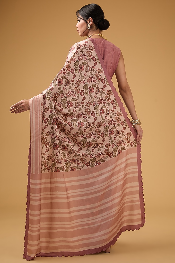 Peachish Pink Viscose Floral Digital Printed Scalloped Party Wear Saree Set by Aharin India at Pernia's Pop Up Shop