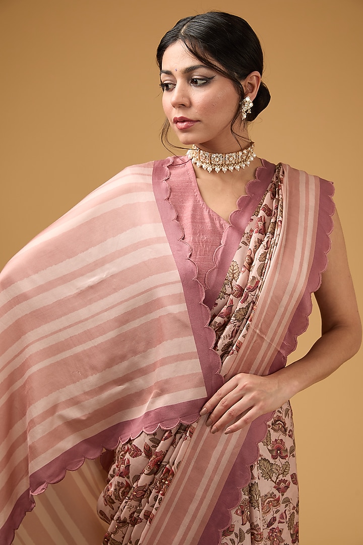 Peachish Pink Viscose Floral Digital Printed Scalloped Party Wear Saree Set by Aharin India at Pernia's Pop Up Shop