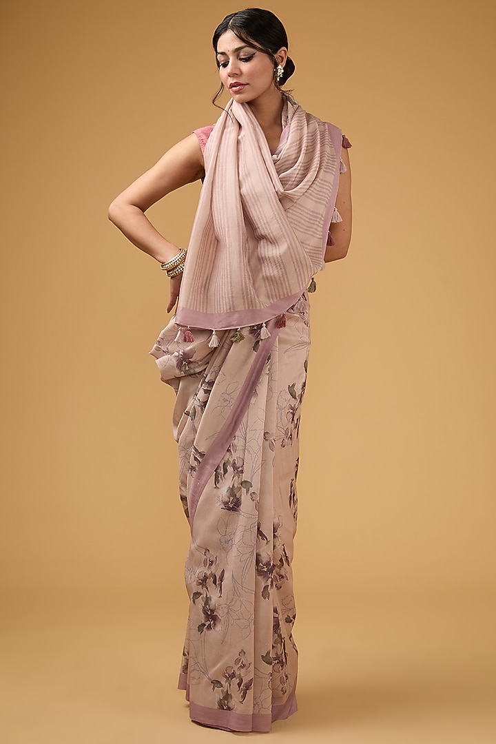 Peachish Pink Viscose Floral Digital Printed Party Wear Saree Set by Aharin India at Pernia's Pop Up Shop