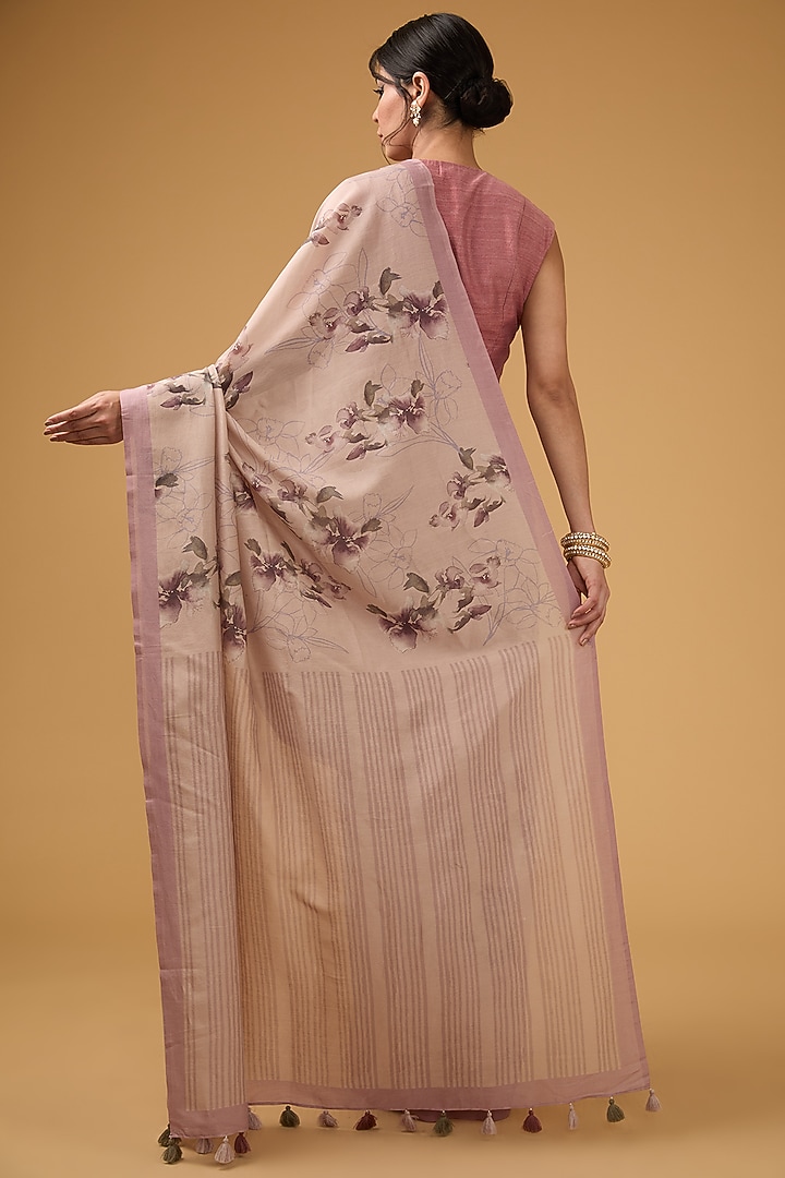 Peachish Pink Viscose Floral Digital Printed Party Wear Saree Set by Aharin India at Pernia's Pop Up Shop