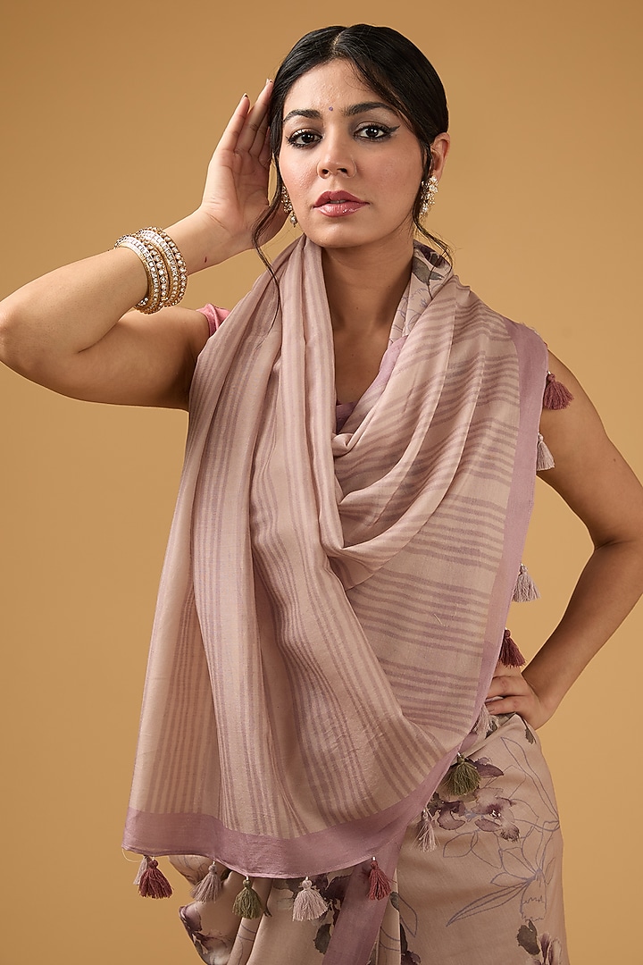 Peachish Pink Viscose Floral Digital Printed Party Wear Saree Set by Aharin India at Pernia's Pop Up Shop