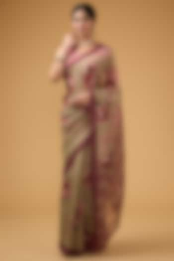 Olive Green Viscose Floral Digital Printed Saree Set by Aharin India at Pernia's Pop Up Shop