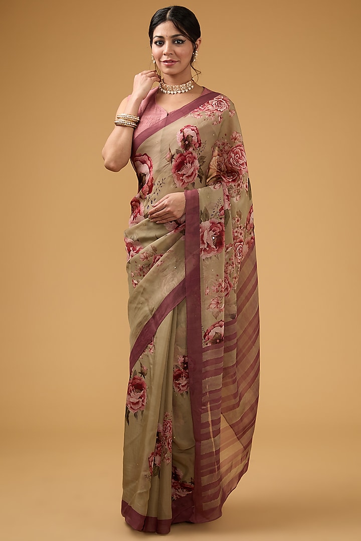 Olive Green Viscose Floral Digital Printed Saree Set by Aharin India at Pernia's Pop Up Shop