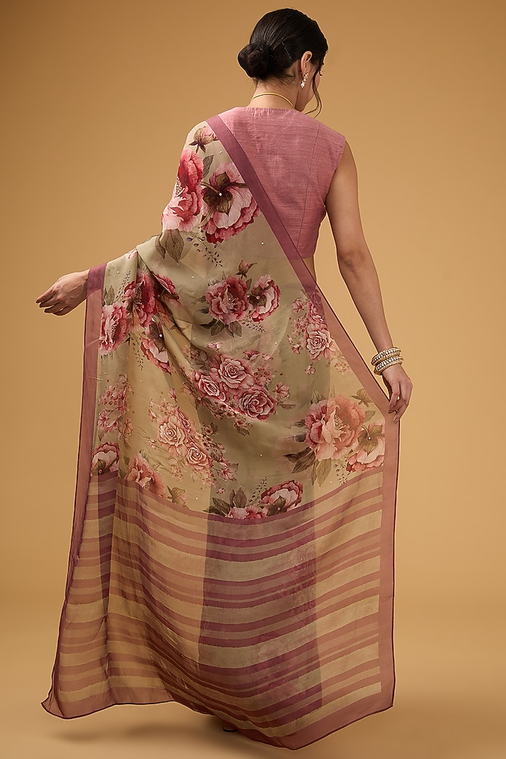Olive Green Viscose Floral Digital Printed Party Wear Saree Set by Aharin India at Pernia's Pop Up Shop