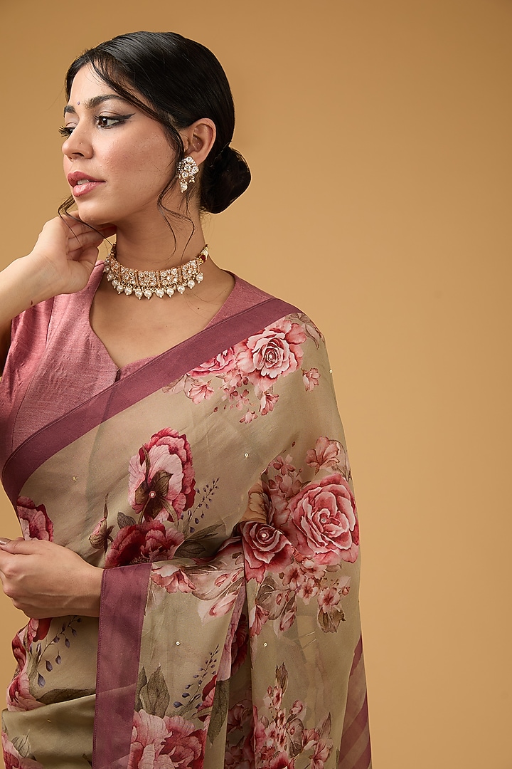Olive Green Viscose Floral Digital Printed Party Wear Saree Set by Aharin India at Pernia's Pop Up Shop