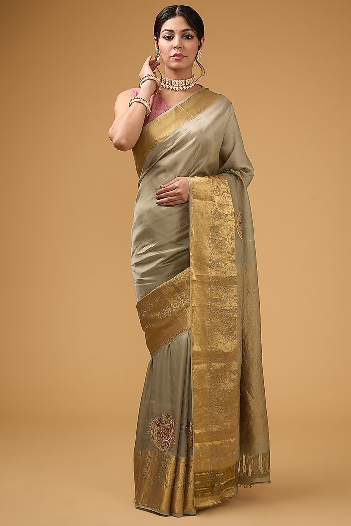 Olive Green Silk Floral Motifs Embroidered Party Wear Saree Set by Aharin India at Pernia's Pop Up Shop